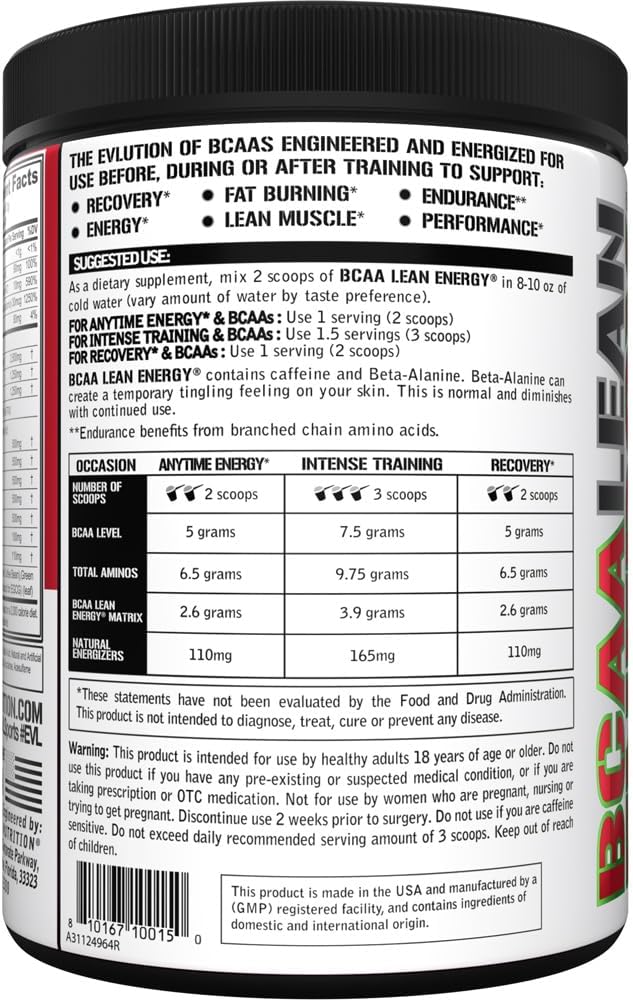 EVL BCAA Lean Energy Powder - Pre Workout Green Tea Fat Burner Support with BCAAs Amino Acids and Clean Energizers - Post Workout Recovery Drink for Lean Muscle Recovery - Cherry Limeade