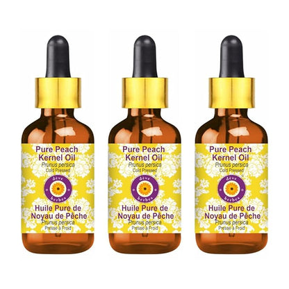 Deve Herbes Pure Peach Kernel Oil (Prunus persica) with Glass Dropper Cold Pressed (Pack of Three) 100ml X 3 (10 oz)