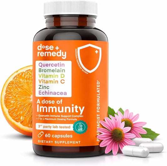 A Dose of Immunity Quercetin with Vitamin C and Zinc, Vitamin D, 500mg Quercetin Bromelain with Echinacea & B Vitamins (60 Count)