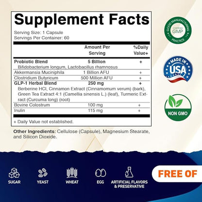 Vitamatic GLP-1 Support Supplement for Men & Women 60 Capsules - Made with Akkermansia, Probiotics, Prebiotic, Clostridium, Berberine, Cinnamon, Green Tea, Turmeric & Colostrum