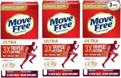 Move Free Ultra 3X Triple Action Type II Collagen and Boron Joint Support Supplement, Supports Cartilage & Bones in 1 Tiny Pill Per Day, 30 Tablets/30 Servings (3 Pack)