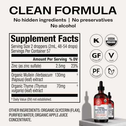 Vimergy USDA Organic Total Immune Blend* Liquid Supplement, 57 Servings Fast-Absorbing Immune Support – All-Season, Zinc, Thyme and Mullein Drops Non-GMO, Vegan, Immunity Support for Adults (115 mL)