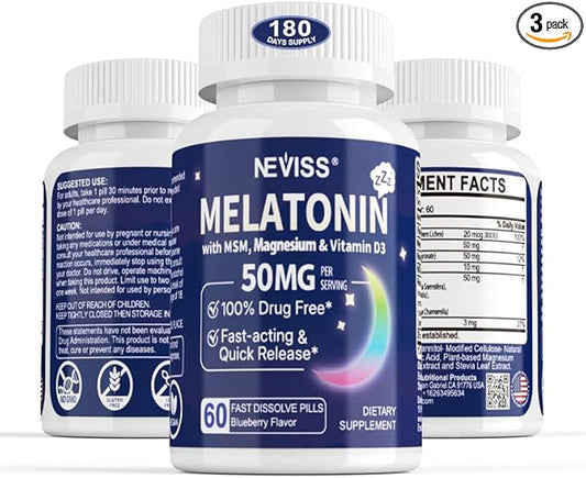 NEVISS Melatonin 50 mg for Adults - Extra Strength 9-in-1 Fast Dissolve Sublingual - High Dose with Magnesium Glycinate, Vitamin D3, Ashwagandha, Lemon Balm, Chamomile, Sugar Free, Vegan 180 Tablets