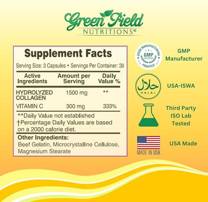 Greenfield Nutritions - Halal Collagen Peptides 1500 mg Type I & III, with Vitamin C 300 mg for Better Absorption, Anti-Aging Formula for Hair, Skin, Nails & Joints, Halal Vitamins, 90 Capsules