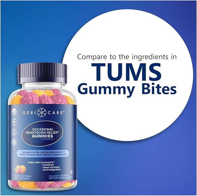 GeriCare Antacid with Vitamin D Gummies, Compare to TUMS Gummy Bites, Fruit Flavor, 50 Count, Non-GMO, Gluten-Free, Vegan, Naturally Sourced for Heartburn, Upset Stomach & Acid Indigestion (1 Pack)