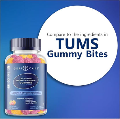 GeriCare Antacid with Vitamin D Gummies, Compare to TUMS Gummy Bites, Fruit Flavor, 50 Count, Non-GMO, Gluten-Free, Vegan, Naturally Sourced for Heartburn, Upset Stomach & Acid Indigestion (2 Pack)