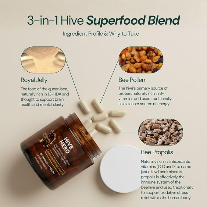 Dr Sosnowski's Hive Hero – Propolis, Royal Jelly & Bee Pollen Supplement – Triple Hive Action for Daily Wellness – 60 Vegetable Capsules