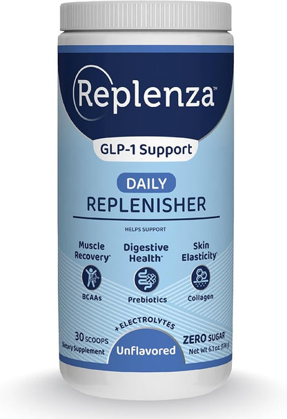 Replenza Daily Replenisher Nutritional Support Powder – Muscle Recovery, Digestive Health & Skin Elasticity Mix of Amino Acids, Prebiotics and Collagen Peptides – Unflavored, 30 Scoops