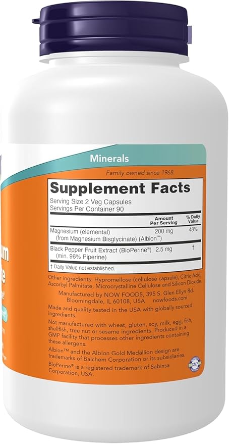 Now Supplements, Magnesium Glycinate with BioPerine, 180 Veg Capsules,(Pack of 2)