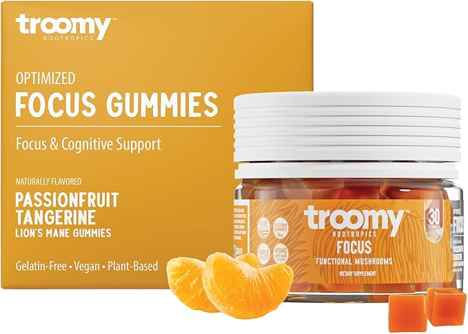 Troomy Lion's Mane Focus Gummies 30 Count - Natural Tangerine and Passionfruit Flavor, Gelatin-Free, Gluten-Free, Vegetarian