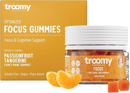 Troomy Lion's Mane Focus Gummies 30 Count - Natural Tangerine and Passionfruit Flavor, Gelatin-Free, Gluten-Free, Vegetarian