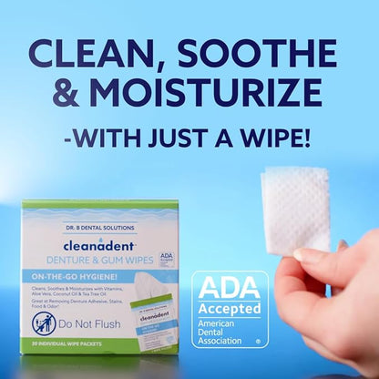 Dr. B Dental Solutions Cleanadent Wipes - Convenient Denture Cleaning Wipes, Refreshes Gums, No Artificial Colors/Flavors - 30 Count