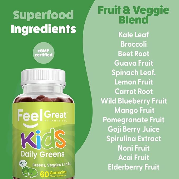 Feel Great Super Green Gummies for Kids (2 Pack) | Fruit and Vegetable Gummies | Vegan Veggie Gummy Multivitamin for Kids | Veggie Fiber Supplement | 60 Count