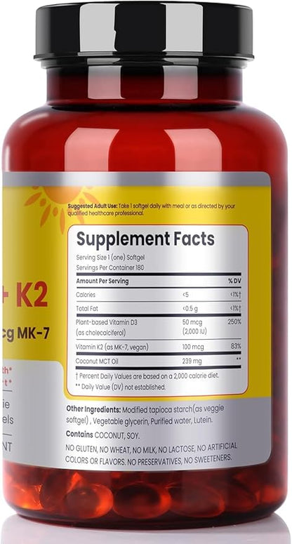FAMILI+ 180 Days Vegan Vitamin D3+K2 Softgel with Coconut MCT Oil | 2000IU Plant Source Vitamin D3 + 100 mcg Vitamin K2 MK-7 | for Bone, Muscel, Immune, Teeth & Heart Health | 100% Vegan no-Gelatin