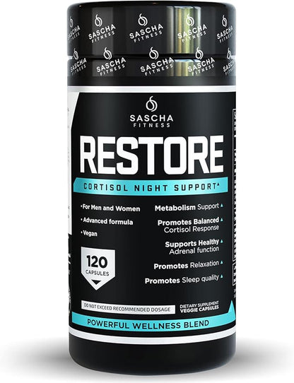 SASCHA FITNESS Cortisol Night Support Pills | Metabolism & Hormonal Balance | Promotes Quality Sleep | Restore | Vegan Weight Loss Supplement – 120 Natural Capsules