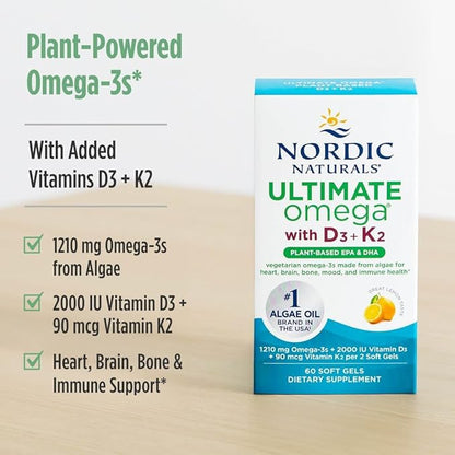 Nordic Naturals Ultimate Omega Plant Based Vitamin with Vitamin D3+K2-60 Vegetarian Soft Gels - 1210 mg Omega-3s Plus 2000 IU D3 and 90 mcg K2 - Promotes Brain Health - Non GMO - 30 Servings