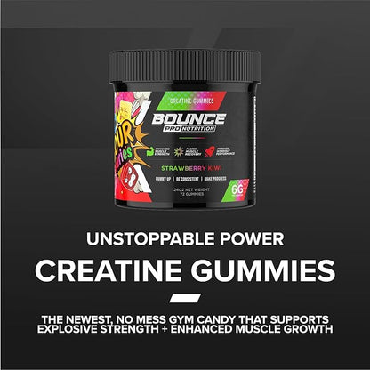 Bounce Pro Creatine Monohydrate Gummies for Men & Women, Low Calorie, 6G of Creatine per Serving, Vegan, Anti-Melting, Gluten-Free, Non-GMO (72 Count (Pack of 1), Strawberry Kiwi)
