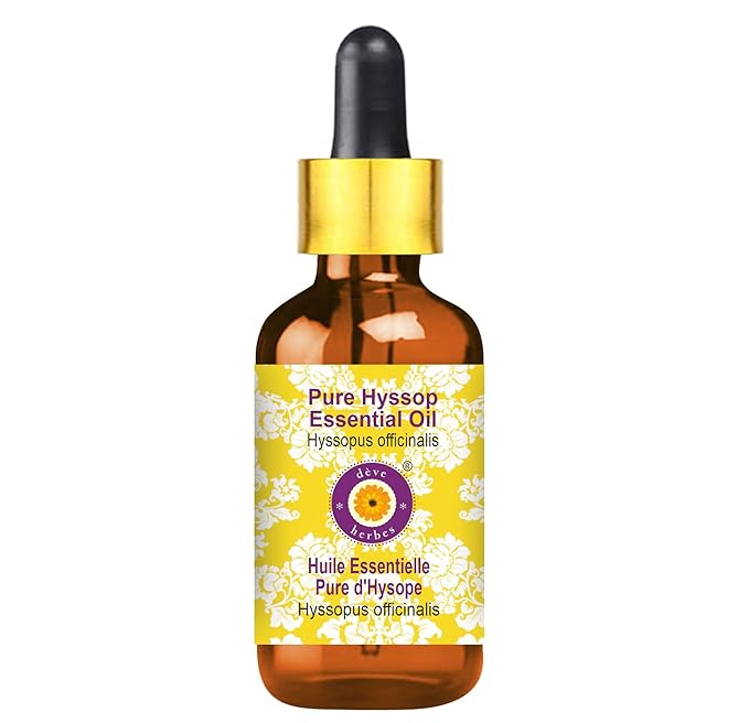 Deve Herbes Pure Hyssop Essential Oil (Hyssopus officinalis) with Glass Dropper Steam Distilled 30ml (1 oz)