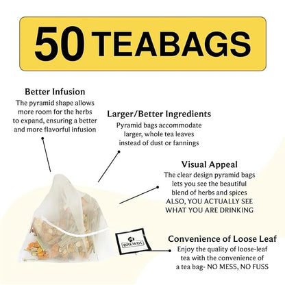 BREWIX, Turmeric Ashwagandha Herbal Tea (50 Pyramid Tea Bags) Adaptogenic Herbs for Stress & Mood Support | Evening Calm & Sleep Support | Real Ingredients From India, Caffeine Free & Naturally Gluten Free