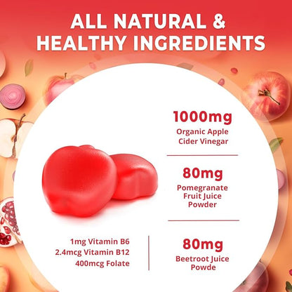 Apple Cider Vinegar Gummies with Mother - Cleanse & Detox ACV Gummies for Weight Loss, Gut Health, Metabolism Support - ACV with Mother with B12 Vitamin, B6 & Pomegranate & Beet Root 100 Ct