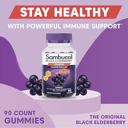 Sambucol Elderberry Gummies - Immune Support Supplement for Adults & Kids with Vitamin C & Zinc, Sambucol Elderberry are High in Antioxidants, Gluten Free, Vegan - 90 Count