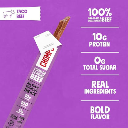 Chomps Grass-Fed Taco Beef Jerky Snack Sticks 24-Pack - Keto, Paleo, Whole30, 10g Lean Meat Protein, Gluten-Free, Zero Sugar Food, Non-GMO