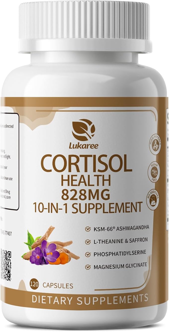10-IN-1 Cortisol Supplements w/ KSM-66® Ashwagandha 300mg + L-Theanine 250mg, Magnesium Glycinate, Saffron, Phosphatidylserine, Turmeric & Vitamin C D3 B6 B5, For Women Men, 120 Capsules 2 Pack