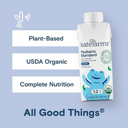 KATE FARMS Organic Pediatric 1.2 High Calorie Vanilla Nutrition Shake, 12g Protein, 27 Vitamins and Minerals, Meal Replacement, 8.45 oz (6 pack)