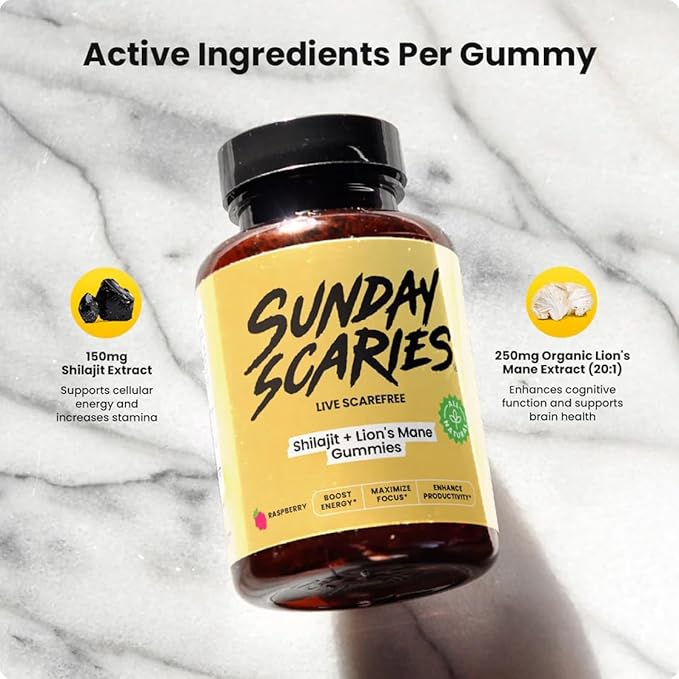 Sunday Scaries® 2-in-1 Shilajit Gummies | 300mg Shilajit + 500mg Lion's Mane Extracts | Highly Rated for Energy & Flow-State Focus | All-Natural, Vegan, Allergen-Free | Natural Raspberry Flavor