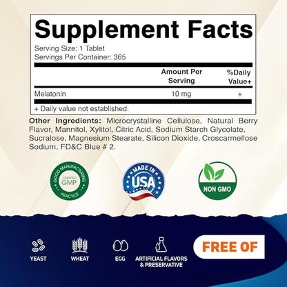 Vitamatic Melatonin 10 mg Tablets | Vegetarian, Non-GMO, Gluten-Free | 1-Year Supply | Natural Berry Flavor - 365 Tablets