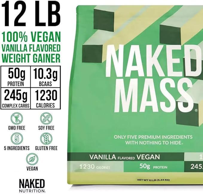 NAKED Vegan Mass - Vanilla Vegan Weight Gainer - 1,230 Calories, NSF Certified, Non-GMO, Soy & Gluten Free, No Artificial Ingredients - 12LB Bulk - 17 Servings