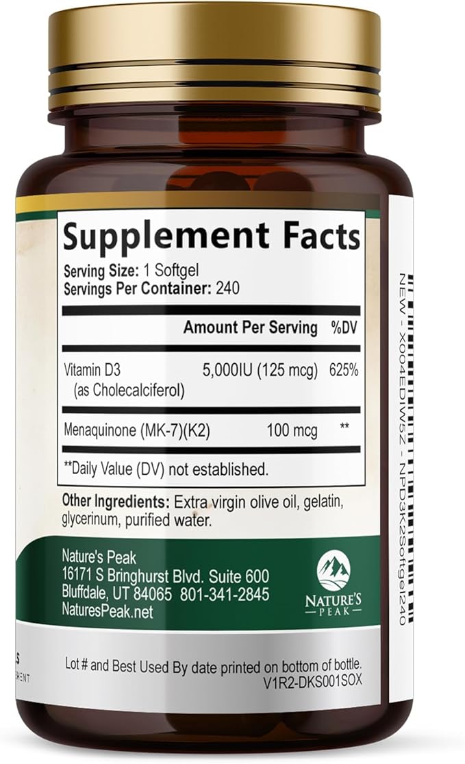 D3 K2 Vitamin - 5000 IU D3 Per Serving - High Potency Vitamin D3 Supplement - Advanced 2-in-1 Complex Vitamin D & Vitamin K2 (MK7) - Easy to Swallow, Bone & Immune Support - USA Bottled - 240 Softgels