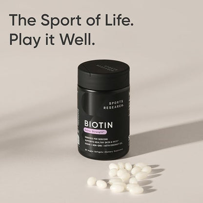 Sports Research® Biotin 5,000mcg with Organic Coconut Oil - Biotin (Vitamin B7) for Healthy Skin and Hair Support* - for Women and Men - Vegan, Non-GMO, Gluten & Soy-Free - 30 Veggie Softgels
