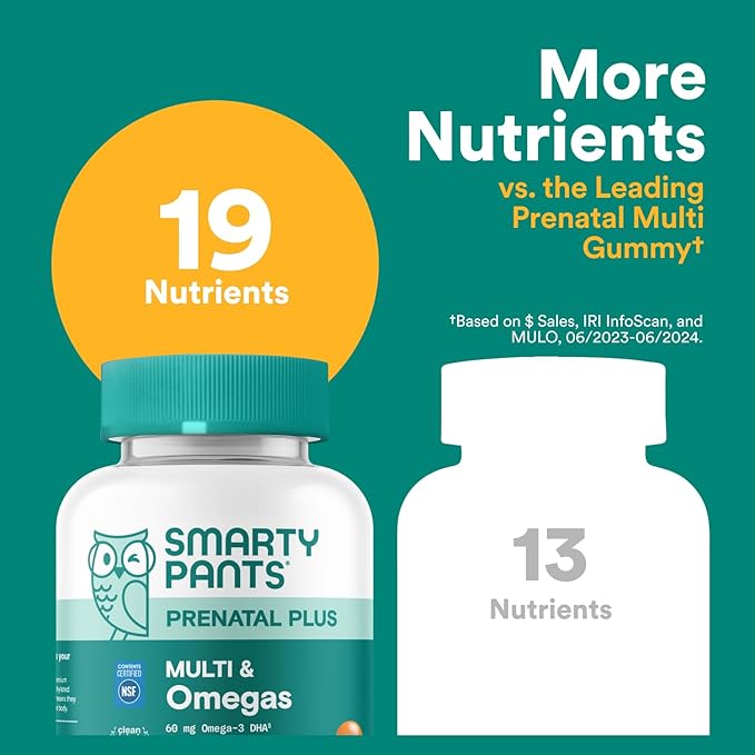 SmartyPants Prenatal Multivitamin Gummies, Omega 3 (DHA/EPA), Methylfolate, Biotin, Vitamin D3, C, Vitamin B12, B6, Vitamin A, K & Zinc, Gluten Free, 120 Count (40 Day Supply)