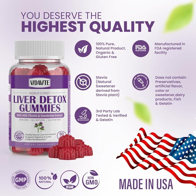 Liver Cleanse Detox & Repair Gummies — Sugar-free, US-Made, 1500mg Milk Thistle Supplement with Artichoke, Dandelion and 20+ Herbs — Liver Support Supplement for Men & Women(60 Vegan Gummies)