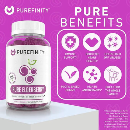 PUREFINITY Elderberry Gummies with Sambucus, Vitamin C, and Zinc – Your Perfect Daily 3-in-1 Supplement for Kids & Adults – Gluten Free, Non-GMO, Vegan, 60 Count
