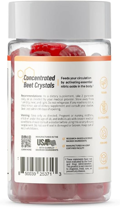 Snap Supplements Nitric Oxide Beet Root Gummies Supplement with Organic Beets - Energy & Circulation Support, 60 Sugar-Free Gummies (30 Servings, 1 Month Supply), Peach