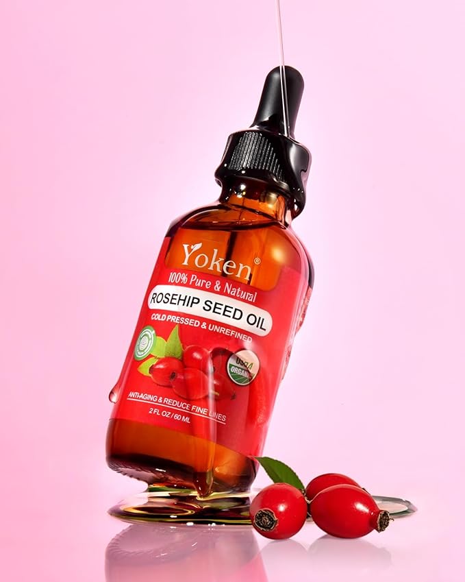 Yoken Organic Rosehip Seed Oil for Face, 100% Pure and Natural Cold Pressed Unrefined Rosehip Oil Carrier for Skin, Hair & Nails - Lightweight, Fast-Absorbing (2 fl oz)