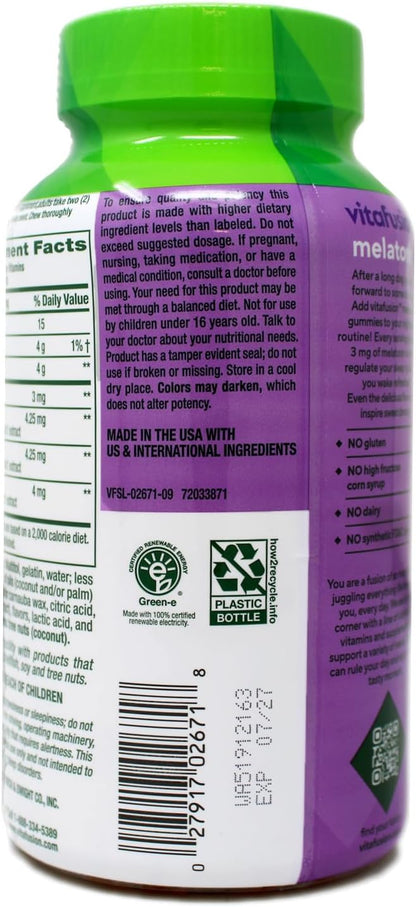 Vitafusion 3 mg Melatonin Gummy Supplement, Awake Refreshed, Sleep Support & Jet Lag Aid, Sugar-Free, Dietary Supplement, Natural White Tea & Peach Flavors, 140 Count (Pack of 2)