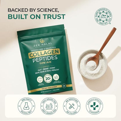 Collagen Powder with Vitamin C & Probiotic (18g Protein) Pure Grass Fed Halal Collagen Peptides for Women - Unflavored & Hydrolyzed Bovine Type I & III for Skin, Hair, Nails, Joints and Gut
