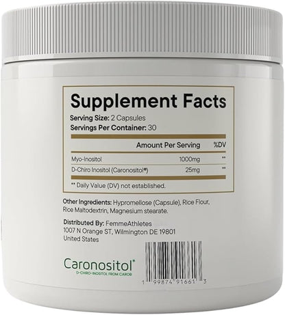 FemmeAthletes Myo Inositol & D Chiro Inositol 40:1 Ratio Capsules for Women – PCOS Supplement, Hormone & Cycle Support, Ovarian & Fertility Support – 1000mg Myo + 25mg Caronositol® – 60 Vegan Capsules