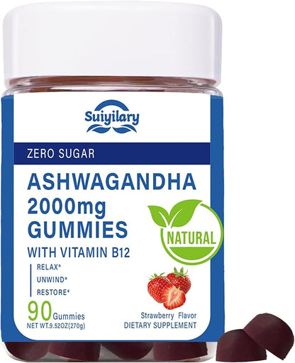 Suiyilary Ashwagandha Gummies 2000mg, Ashwagandha High Strength Root Extract Supplement with Vitamin B12 for Men Women, Strawberry Flavour 45 Days Supply 90 Gummies