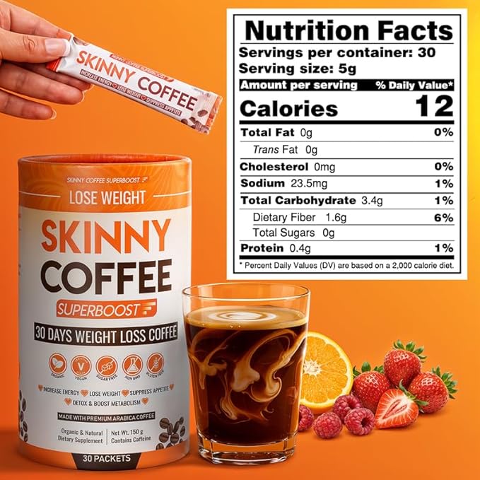 Skinny Coffee Super Boost Weight Loss Coffee, Belly Fat Burner for Women & Men, Sugar-Free Keto Vegan, Reduces Bloating, Supports Energy & Metabolism, Appetite & Cravings Control (30 Servings)