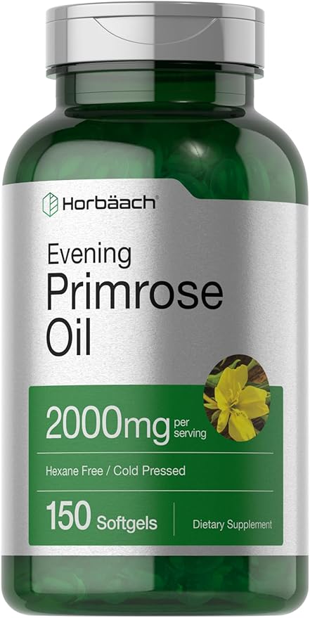 Horbäach Evening Primrose Oil Softgels | 2000 mg | 150 Pills | Cold Pressed, Hexane Free Supplement with GLA | Non-GMO, Gluten Free