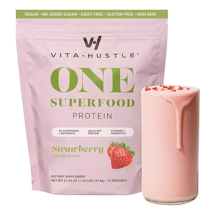 VitaHustle ONE Vegan Strawberry Protein Powder - 20g Plant Protein Meal Replacement with 86+ Superfoods & Greens, Probiotics + No Bloat Digestive Blend - Dairy Free, Gluten Free (15 Servings)