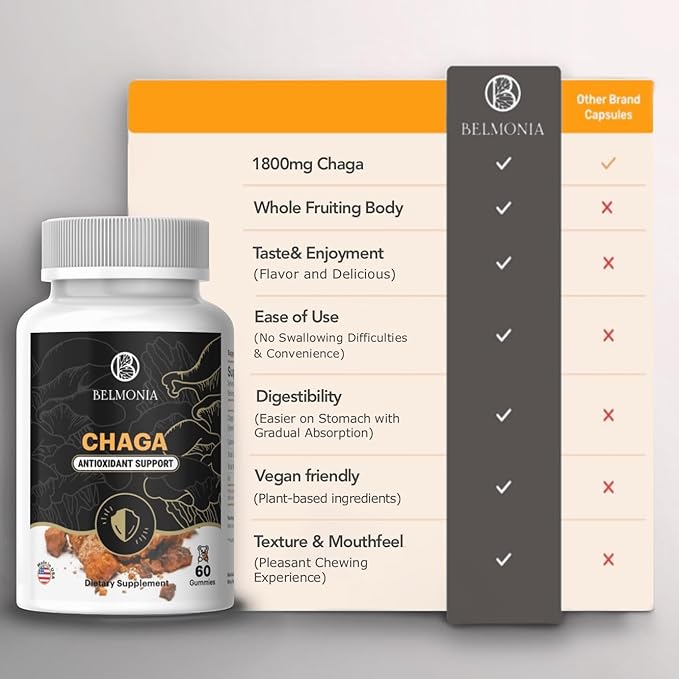 Chaga Mushroom Gummies — Antioxidant Immune Support Supplement - Dietary Mushroom Supplement - 60 Gummies - Made in USA - Shrooms for Health - Organic Vegan Frendly
