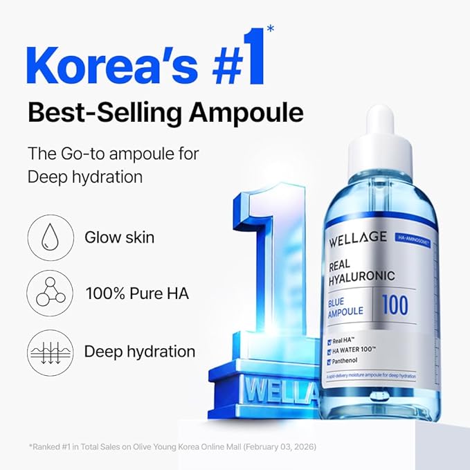 WELLAGE Real Hyaluronic Blue Ampoule 100, Korean Hydrating Serum for Face, Fragrance Free Hyaluronic Acid Deep Moisturizing Serum with Panthenol, PDRN for Sensitive Dry Skin Moisturizer, 2.54 Fl Oz_R