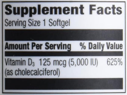 Amazon Elements Vitamin D3, 5000 IU, 180 Softgels, 6 Month Supply (Packaging May Vary), Supports Strong Bones and Immune Health (Pack of 2)