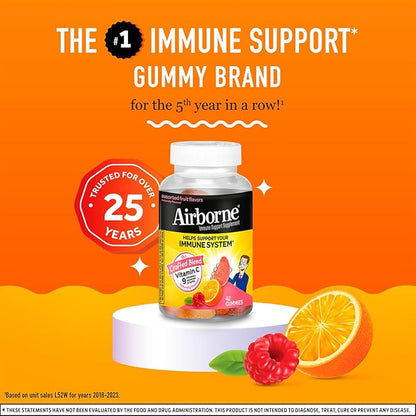 Airborne 750mg Vitamin C Immune Support Supplement Gummies for Adults, Assorted Fruit Flavor, Gluten Free Crafted Blend with Powerful Antioxidants Vitamins A C & E, 42 Gummies (2 Pack)