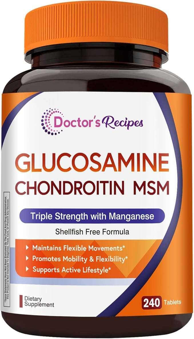 Doctor's Recipes Glucosamine Chondroitin MSM and Manganese Supplement, 1800 mg Glucosamine HCl, NO Shellfish, Healthy Structure & Movements, Flexibility Support for Men & Women, 240 Tablets